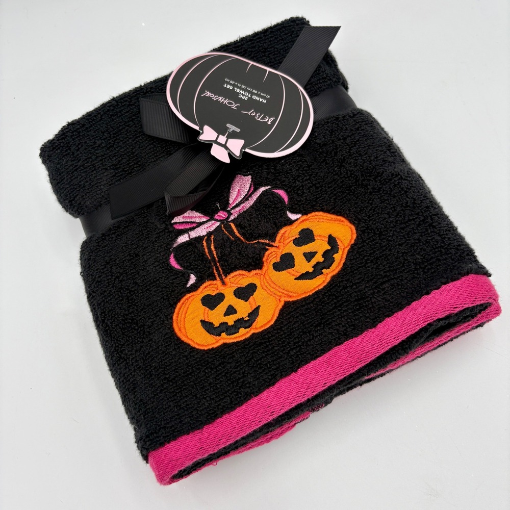 Betsey‎ Johnson Halloween Hand Towel Set Pumpkin Embroidered Black Pink 2PC